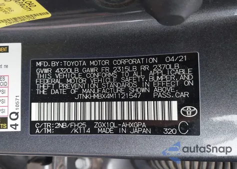 2021 Toyota C-Hr Nightshade Edition из США, поврежденный, VIN JTNKHMBX4M1121547